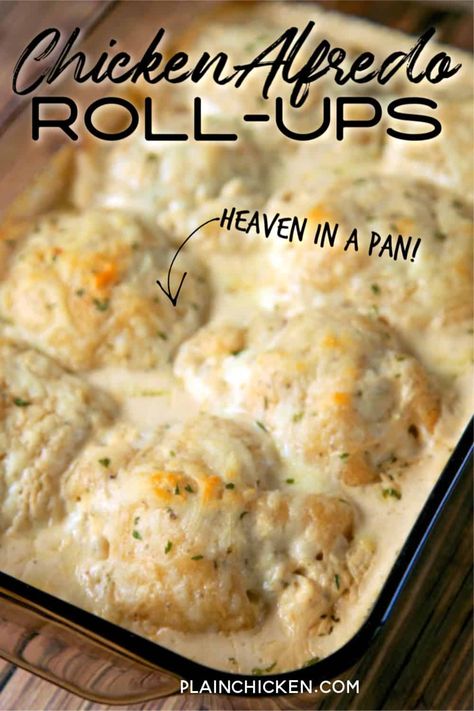 Chicken Alfredo Rollups Recipe - chicken, cream cheese, garlic powder, mozzarella, wrapped in crescent rolls and baked in Alfredo sauce. SO good. Serve with pasta/rice and salad or green beans. Quick weeknight meal! Chicken Alfredo Sauce Recipe, Chicken Rollups, Chicken Alfredo Sauce, Rice And Salad, Chicken Cream Cheese, Chicken Alfredo Recipes, Pasta Rice, Sauce Chicken, Alfredo Sauce Recipe