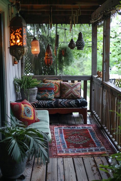 Breathe New Life Into Your Front Porch With 14 Spring Decor Tips - DreamyHomeStyle Boho Farmhouse Front Porch, Back Porch Mudroom Ideas, Eclectic Porch Decor, Screened In Porch Boho, Back Porch Aesthetic, Porch Into Sunroom, Screened In Porch Decorating Ideas Boho, Small Screened In Porch Decorating Ideas, Front Porch Oasis