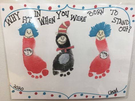 Dr Suess Footprint Crafts, Dr Seuss Footprint Crafts, Dr Seuss Crafts For Infants, Dr Seuss Art, Baby Art Crafts, American Indian Crafts, Baby Footprint Art, Nursery Rhymes Activities, Dr Seuss Activities