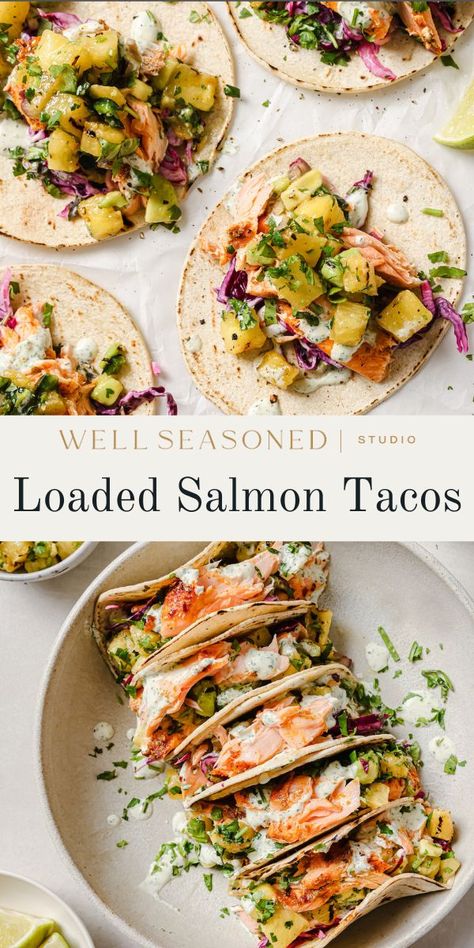 These tender, flaky Salmon Tacos are the upgrade your Taco Tuesday has been waiting for! Slow baked salmon with warm spices is piled high onto corn tortillas with all our favorite taco toppings: sweet pineapple salsa, crunchy red cabbage slaw, and cool, creamy cilantro lime crema! Every bite has a burst of flavor. #wellseasonedstudio #salmontacos #fishtacos #tacotuesday Salmon Recipes Tacos, Healthy Salmon Tacos, Salmon Taco Recipes, Slow Baked Salmon, Salmon Fish Tacos, Taco Tortilla, Salmon Tacos Recipe, Cilantro Lime Crema, Shower Recipes