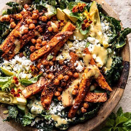 Sweet Potato Kale Salad with Creamy Honey Mustard Dressing - Half Baked Harvest Creamy Honey Mustard Dressing, Sweet Potato Kale Salad, Potato Kale Salad, Creamy Honey Mustard, Harvesting Kale, Creamy Honey, Sweet Potato Kale, Honey Mustard Dressing, Bacon Salad