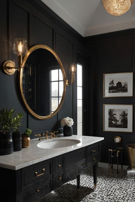 Tricorn Black (SW 6258): Boldness of Black in Your Moody, Elegant Bathroom Escape! - upgradesign.blog Small Dark Bathroom, All Black Bathroom, Bright Room Colors, Black Powder Room, Unique Tiles, Tricorn Black, Bold Bathroom, Dark Bathrooms, Custom Murals