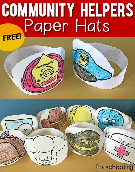 Community Helper paper hats for police, nurse, fireman Easy Hat Crafts For Preschool, Detective Hat Craft, Fireman Hat Craft Preschool, Fireman Hat Craft, Fireman Hat Template Free Printable, Nurse Hat Craft, Police Hat Craft, Community Helpers Hats, Community Helper Hats