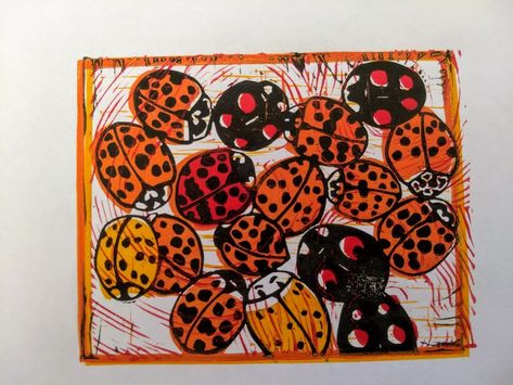 Ladybird ladybug linocut 4 color Ladybug Linocut, Ladybug Art, Lino Prints, Lino Cut, Tv Units, Lino Print, Woodblock Print, Cut Design, Linocut