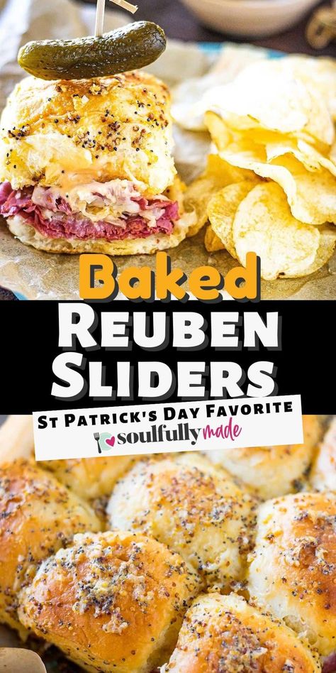 Reuben Sliders with sliced corned beef, Swiss cheese, sauerkraut, and thousand island dressing on Hawaiian rolls brushed with a seasoned buttery topping. Reuben Sliders, Sandwich Sliders, St Patrick's Day Appetizers, St Patricks Food, Sliders Recipes Hawaiian Rolls, Corned Beef Recipes, Thousand Island, Reuben Sandwich, Thousand Island Dressing