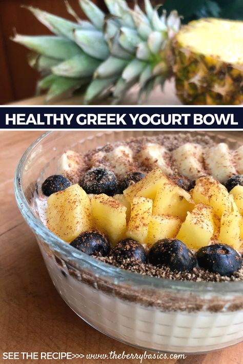 This amazing healthy greek yogurt bowl is topped with fresh blueberries, fresh pineapple, cinnamon, chia seeds and flax seeds! Not only is it healthy, but it also tastes delicious! #greekyogurtbowl#yogurtbowlideas #chobani#chobanigreekyogurt#healthyyogurtbowl Boost Recipes, Greek Yogurt Breakfast Bowl, Chia Seed Yogurt, Meta Boost, Greek Yogurt Bowl, Yogurt Bowl Recipe, Yogurt Recipes Healthy, Yogurt Breakfast Bowl, Greek Yogurt Breakfast