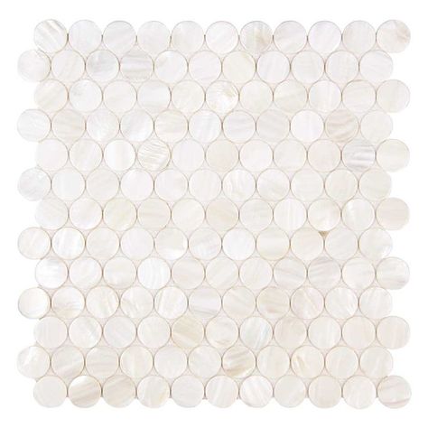 South Seas Super White Pearl Shell Penny Round Design Come capture the beauty of natural shells, and transport yourself to seaside tranquility. Pearl shell will add a durability and lasting exquisiteness to your kitchen, bath or fireplace installation. Mother of Pearl South Seas Super White Penny Round Circle 11 in. x 11 in. 2 mm Thick Pearl Shell Mosaic Tiles are mesh mounted and will bring a sleek and contemporary clean design to any room. Due to the nature of the pearl shell, slight variation Bathroom Feature Wall, Shell Mosaic Tile, Shell Tiles, Shell Mosaic, Penny Tile, Penny Round, Luxury Tile, Kitchen Backsplashes, Glass Subway Tile