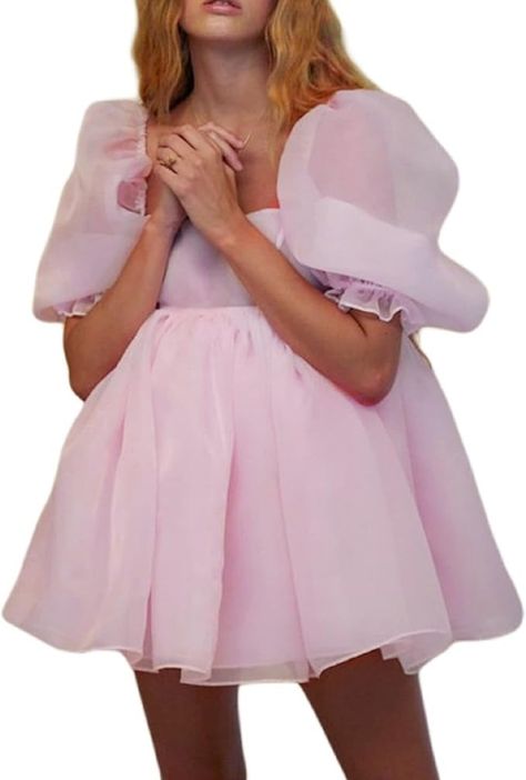 Women Fairy Ruffle Mini Dress Square Neck Puff Sleeve A Line Short Dress Smocked Low Cut Off Shoulder Flowy Dress(Ab Pink Cute,Small) at Amazon Women’s Clothing store Tulle Prom Dress With Sleeves, Princess Fairy Dress, Tulle Princess Dress, Collar Mini Dress, Tulle Mini Dress, Mini Dresses For Women, Ruffle Mini Dress, Prom Dresses With Sleeves, Fairy Dress