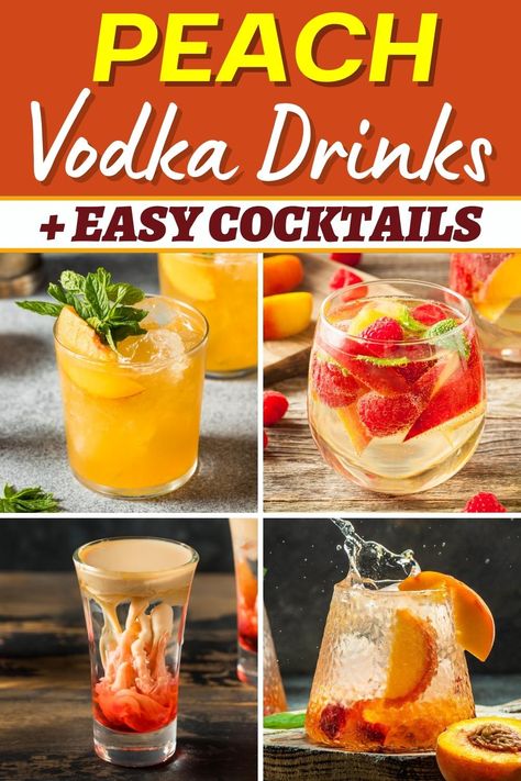 From sweet summer cocktails to bright winter beverages, these easy and sunny peach vodka drinks are delicious any time of the year. Cocktails With Peach Vodka, Peach Lemonade Vodka Drinks, Absolut Peach Vodka Recipes, Easy Peach Cocktails, Smirnoff Peach Vodka Recipes, Peach Ciroc Mixed Drinks, Drinks With Peach Vodka, Peach Smirnoff Drinks, White Peach Cocktail