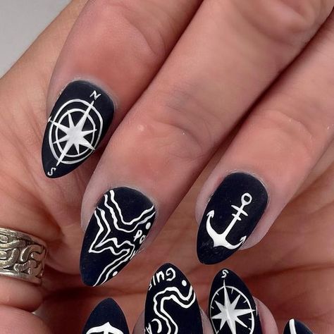 Allyssa Power on Instagram: "Nautical by Nature 😏⚓️ Dip w/ Mystery Art #nauticalnails #summernails #navynails #oceannails #compassnails #oceannails #anchornails #coastalnails #mainenails #nailsportland #portlandmaine #saltlife #seanails #nailart #nailsofinstagram #naildesign" Scuba Diving Nails, Pirate Themed Nails, Compass Nails, Cruise Nails Caribbean Carnival, Pirate Nails Design, Pirate Nail Art, Pirate Nails, Nautical Nail Art, Mystery Art