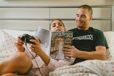 8 Unique Engagement Photo Ideas - love the idea of looking at wedding magazine to announce engagement. Creative Engagement Photos Ideas Funny, Funny Engagement Announcement, Creative Engagement Announcement, Funny Couple Poses, Funny Photos Ideas, Engagement Humor, Fun Engagement Photos, Unique Engagement Photos, Pinterest Wedding