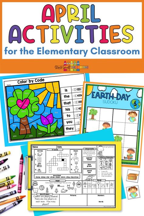 Image is titled April Activities for the Elementary Classroom and shows a color by sight word activity, an Earth Day Sudoku game and a page of April morning work that covers phonics and math skills. Phonics Sight Words, April Activities, Spring School, Morning Activities, Teacher Material, Reading Specialist, Math Multiplication, Reading Resources, Phonics Activities