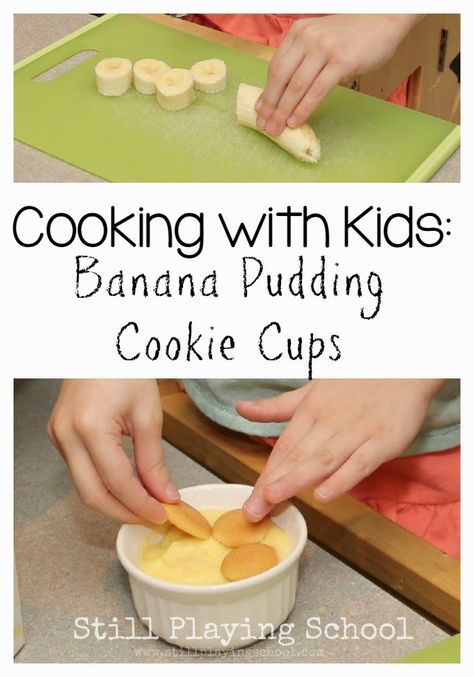 Banana Pudding Cookie Cups: Cooking with Kids perfect for preschoolers! Cooking Carrots, Banana Pudding Cookies, Cooking With Toddlers, Preschool Cooking, Cooking Theme, Cooking In The Classroom, Cookie Cups Recipe, Kids Cooking Recipes, No Cook