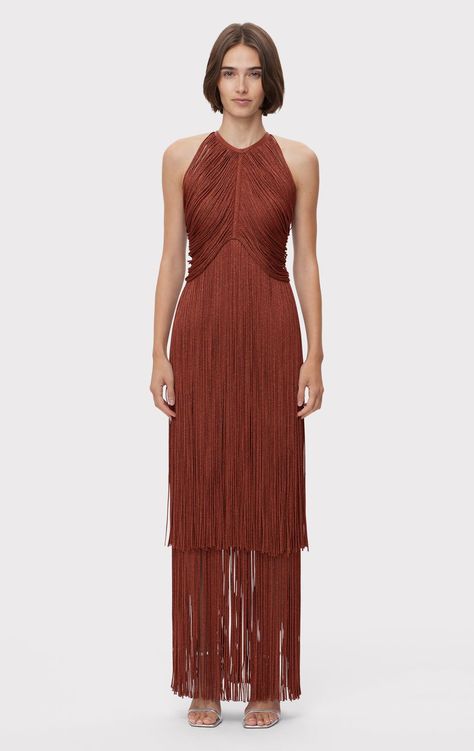 Fringe Dress Formal, Promotion Outfits, Suede Fringe Dress, Awards Outfits, Fringe Styles, Burgundy Gown, Brown Outfits, Halter Gown, Summer 2025