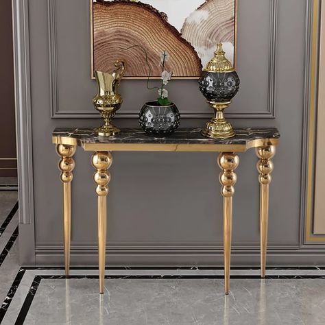 47.2" Black Narrow Console Table Faux Marble Entryway Table Stainless Steel Legs Black Gold Console Table, Konsol Table, Glam Hallway, Classical Console, Cabinet Divider, Marble Entryway, Narrow Hallway Table, Console Table Decor, Console Mirror