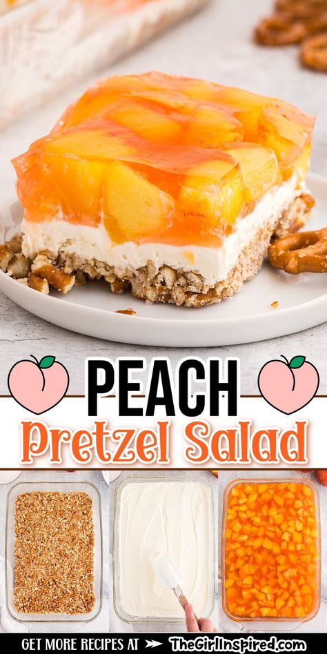 Pretzel Salads, Jello Pretzel Salad, Peaches Cream Cheese, Peach Jello, Pretzel Desserts, Butter Pretzels, Peach Recipes, Pretzel Salad, Pretzel Crust