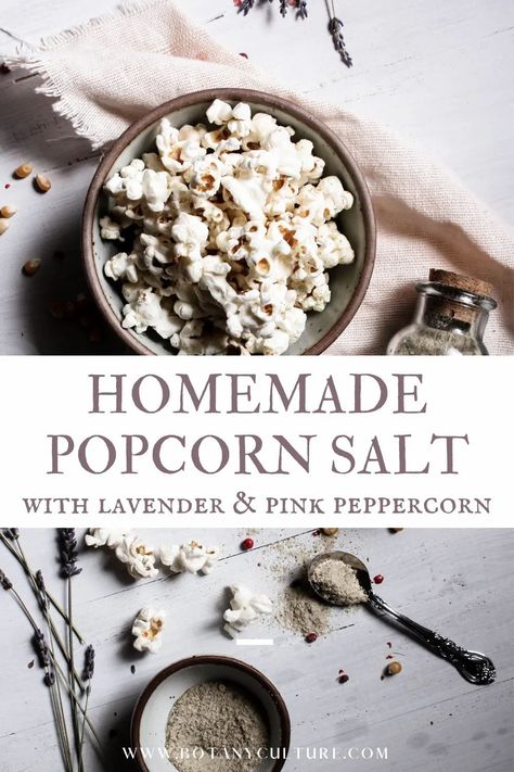 This homemade popcorn seasoning salt brings a unique and delicious flavor to the popcorn party! With just the right amount floral from the lavender, savory from the thyme, and spice from the pink peppercorn, the seasoning salt is a perfect addition to your movie nights. #popcorn #popcornseasoning #healthysnacks #herbalsalts #diyseasoningsalt Herbal Pantry, Homemade Popcorn Seasoning Recipes, Diy Popcorn Seasoning, Homemade Popcorn Seasoning, Popcorn Seasoning Recipes, Healthy Nutritious Snacks, Vegan Gluten Free Snacks, Easy Popcorn, Roasted Root Veggies