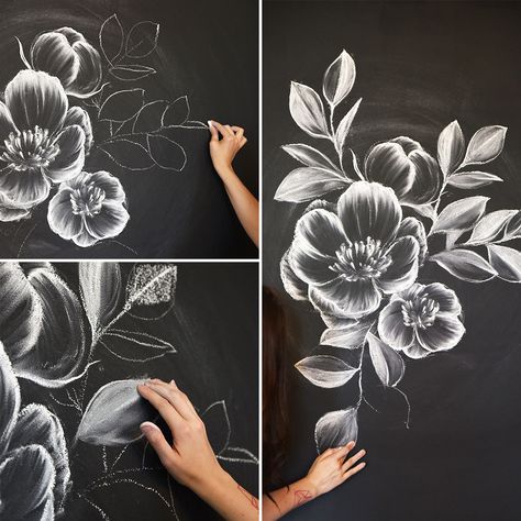 How To Create Gorgeous Chalk Art Chalk Mural, Chalk Wall, Draw Flowers, Flower Drawings, Chalk Lettering, Chalkboard Designs, Drawing Flowers, Wall Art Crafts, Chalkboard Wall