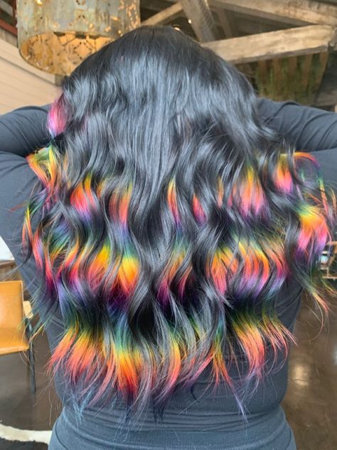 Summer Unicorn Hair: Pastel Rainbow Dream for the Brightest Look Peak A Boo Rainbow Hair Color, Prism Highlights Black Hair, Dark Brown Rainbow Hair, Dark Brown Hair With Rainbow Highlights, Hidden Rainbow Hair Black, Black With Rainbow Hair, Black Hair With Vivid Highlights, Fall Rainbow Hair, Rainbow Highlights Black Hair