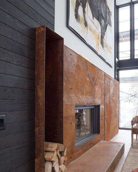 Copper Fireplace, Wood Fireplace Surrounds, Minimalist Fireplace, Fireplace Mantel Designs, Paint Fireplace, Earthy Home, Wood Heater, Modern Mountain Home, Living Room Decor Fireplace