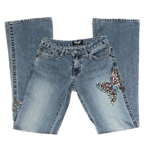 Fantasy Y2k 2000s butterfly embellished sequin low... - Depop 2000s Butterfly, Butterfly Jeans, Blue Diamonds, Flare Denim Jeans, Jeans Y2k, Blue And Brown, Denim Flares, Blue Diamond, Y2k 2000s