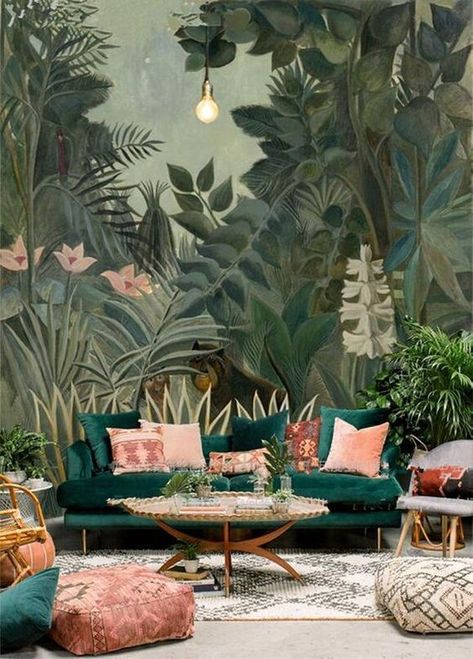 Best Summer Living Room Trends of 2019 - Decoholic Forest Trees Wallpaper, बेडरूम डिजाइन, Tree Wallpaper Mural, Trees Wallpaper, Jungle Forest, Forest Mural, Forest Wall Mural, Interior Design Per La Casa, Green Furniture