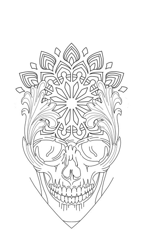 Skull And Mandala Tattoo Design, Geometric Skull Tattoo Design, Mens Tattoo Designs Drawing, Mandala Skull Tattoo Design, Spooky Mandala, Goth Mandala, Skull Mandala Tattoo, Fractal Art Geometric Drawing, Circle Of Life Tattoo