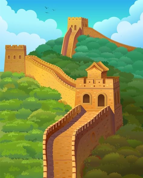 Great Wall Of China Illustration, Great Wall Of China Painting, Great Wall Of China Drawing, China Cartoon, China Culture, Chinese Wall, China Map, Board Game Design, Architecture Landmark