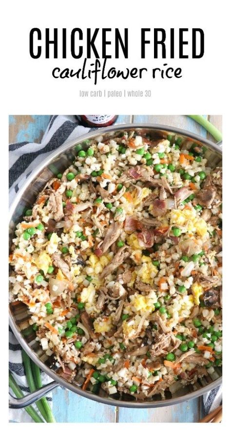 Cauliflower Chicken Fried "Rice" #keto #paleo #cauliflower #leftovers Chicken Fried Cauliflower, Chicken Fried Cauliflower Rice, Fried Cauliflower Rice, Chicken And Cauliflower, Cauliflower Chicken, Cauliflower Fried Rice Recipes, Dinner Suggestions, Paleo Cauliflower, Clean Chicken