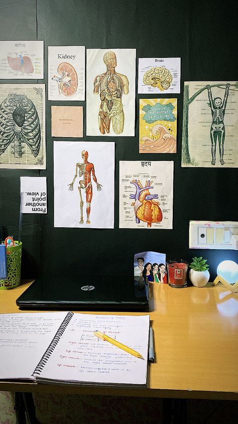 Medical students study corner :) Doctors Room Aesthetic, Mbbs Student Room Decor, Med School Room Decor, Medical Table Decorations, Medical Student Study Table Aesthetic, Desk Medical Student, Neet Aspirant Study Table Decor, Medical Desk Decor, Med Student Study Table