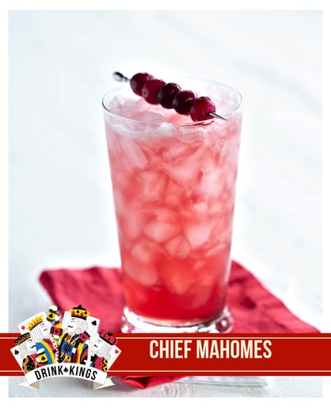 The CHIEF MAHOMES is a blend of whiskey, amaretto, cranberry juice and lime juice. #whiskey #amaretto #ChiefsKingdom #chiefs Kansas City Chiefs Themed Cocktails, Kansas City Chiefs Alcohol Drinks, Chiefs Themed Drinks, Chief Themed Food, Chiefs Drink Ideas, Chiefs Themed Cocktail, Kc Chiefs Party Food, Kc Chiefs Cocktail, Kc Chiefs Superbowl Food