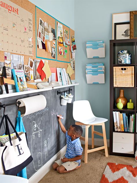 Corkboard up top equals room for a calendar, design swatches, and more; a chalkboard and hooks below offer kid-friendly drawing space. Budget Remodel, Office Playroom, Kids Office, Wall Art Ideas, Chalkboard Wall, Makeover Ideas, Toy Rooms, Kids Corner, Kids Playroom