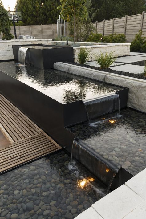 Water Features — Outdoor Elements Modern Fountains Outdoor, Patio Water Features Ideas, Front Yard Water Feature, Hardscape Materials, Cascading Water Feature, Landscape Fountain, Waterscape Design, Large Water Features, Contemporary Water Feature