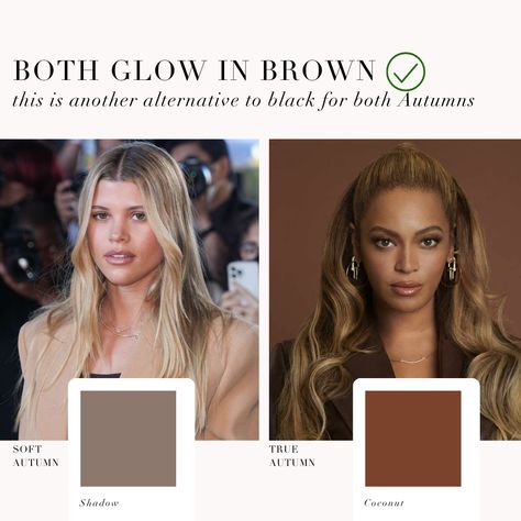 Soft Autumn VS True Autumn colour analysis comparison with Sofia Richie and Beyoncé 🖤⁠ .⁠ #coloranalysis #colouranalysis #coloranalyst #softautumn #trueautumn #coloranalyst Soft Autumn Brown Eyes, Autumn Colour Analysis, Autumn Makeup Looks, Autumn True, Season Palette, Season Analysis, Seasonal Colour Analysis, Soft Autumn Makeup, Soft Autumn Palette