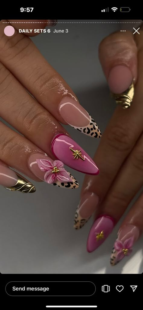 Almond Shape Nails Designs Fall, Virgo Birthday Nails Almond, Nails Acrylic Design 2024, Virgo Nails Designs, Cheetah Nails Stiletto, Y2k Nail Inspo Cheetah Print, Leopard Print Nails Y2k, Leopard Print Nails 2000s, Pink Cheetah Nails Y2k