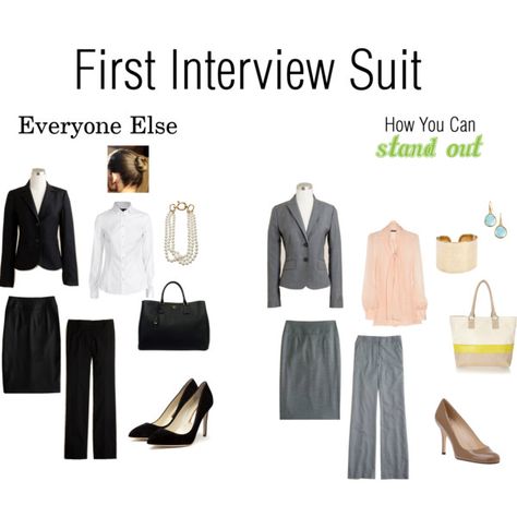 I'd recommend using a more professional looking bag and losing the chunky bracelet, but the rest of the example on the right is fine. Social Work Interview Outfit, Job Interview Shoes For Women, Women Suits Business, First Interview Outfit, Grooming Women, Legal Career, Business Formal Women, Business Interview, Interview Suits