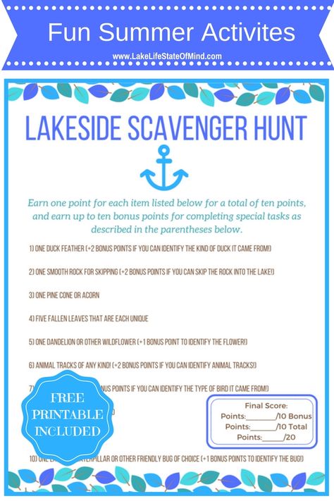 Fun and Free summer activities to do with your kids. Get your kids outside and into nature. Enjoy this free scavenger hunt printable. Fun activity ideas perfect for the lake but all activities can be used in any outdoor space making this great for all children! Lake House Activities, Free Summer Activities, Lake Party, Lake Activities, Lake Fun, Free Activities For Kids, The Lake House, Children Activities, Scavenger Hunt For Kids