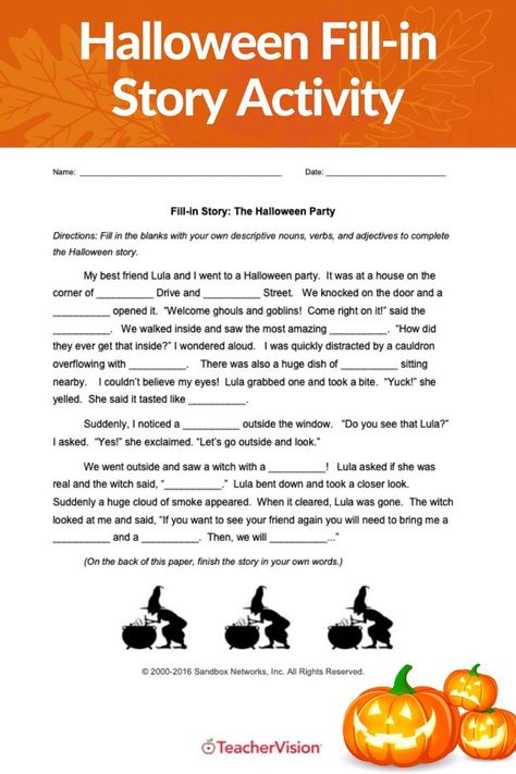 Bring Halloween into your classroom with this fill-in story for grades 2-4. Students fill in the blanks of the Halloween story with their own nouns, adjectives, and verbs to create a story about a Halloween party. Then, they finish the story in their own words. #halloweenschoolactivities Halloween Adjectives, Halloween School Activities, Halloween Writing Activities, Halloween Teaching, Creative Writing Activities, Halloween Reading, Halloween Writing, Create A Story, Handwriting Practice Sheets