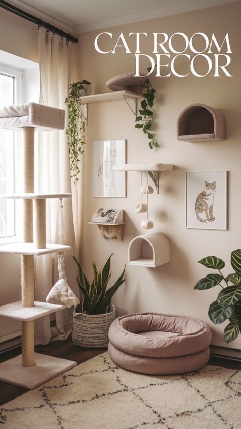 Cats And Apartments, Home Decor With Pets, Cat Hangout Ideas, Office And Pet Room, Aesthetic Cat Play Area, Cat Climbing Wall Aesthetic, Cat Hallway Ideas, Art For Cats, Cat Wall Shelves Living Room