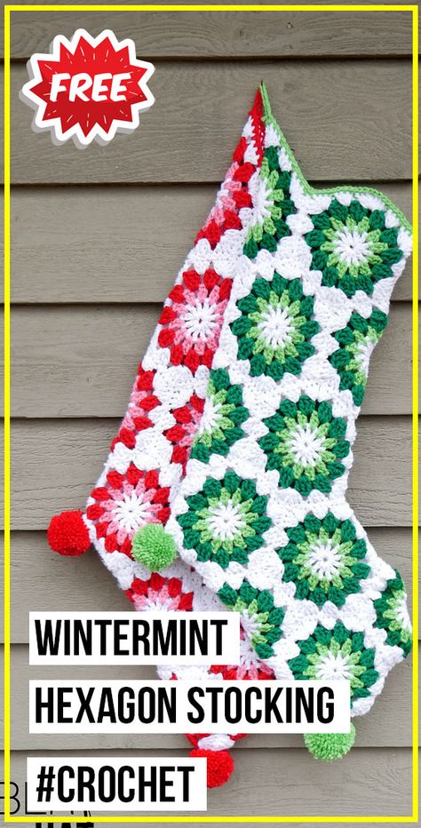 crochet Wintermint Hexagon Stocking free pattern - FREE Crochet Christmas Pattern for Beginners. Click to Get the Pattern #Christmas #crochetpattern #crochet via @shareapattern.com Granny Square Stocking, Stocking Pattern Free, Crochet Christmas Stocking Pattern, Crochet Christmas Hats, Christmas Stocking Ornament, Crochet Stocking, Crocheted Christmas, Crochet Christmas Stocking, Crochet Xmas