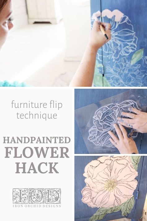 If you're struggling with flower drawing or hand painting flowers on a furniture flip, you won't want to miss this hack using IOD stamps. So easy to DIY floral home decor! Painting Flowers On Furniture, How To Paint Flowers On Furniture, How To Paint Flowers On Wall, Hand Painted Flowers On Furniture, Hand Painted Flowers On Wall, Flowers Painted On Furniture, Iod Stamps On Furniture, Hand Painting Flowers On Furniture, Iod Moulds On Furniture