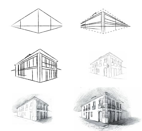 Step 1 – Draw the box in perspective. Step 2 – Divide it into seven parts to find the heights of the elements from the right base. Drawing Buildings Perspective, Step By Step Architecture Drawing, Artitecture House Drawing, House Drawing Perspective, 2 Perspective Drawing House, How To Draw Architecture Step By Step, Architecture Drawing Step By Step, How To Draw A Building, Building Perspective Drawing