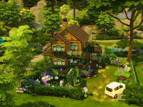 The Sims Resource - Windenberg Cottage Sims 4 Forest Cottage, Ts4 Cottage Living, Cottage Living Sims 4, Sims 4 Spellcaster Cottage, Sims 4 Cc Cottage Living Add Ons, Sims 4 Cottage, Modern Wooden House, The Sims 4 Lots, Blue Cottage