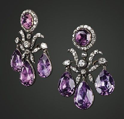 Rare Russian Jewels from a Personal Collection.. Of girandole design, each set… Georgian Jewelry, Amethyst Jewelry, Crown Jewels, Royal Jewelry, Royal Jewels, Amethyst Earrings, Antique Jewellery, Tiara, Antique Jewelry