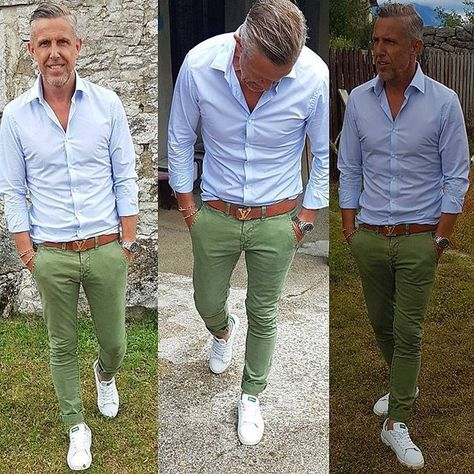 Mens fashion 4 Me #MensFashionTrendy #MensFashionIllustration Look Casual Hombre, Sneakers Men Outfit, Chinos Outfit, Sneakers Outfit Men, Light Blue Shirt, Pants Outfit Men, Green Chinos, Mens Casual Outfits Summer, Smart Casual Men