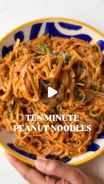 Ayushi Gupta-Mehra on Instagram: "TEN MINUTE PEANUT NOODLES

I’m never not craving noodles and these always hit the spot as they’re saucy , creamy, spicy , nutty and bursting with more flavours than you could imagine !

Cook noodles of choice; drain and reserve the starchy cooking water.

Using a mortar and pestle, pound together 3-4 cloves of garlic with a handful of toasted peanuts until you have a coarse sand-like texture. 

Add your peanut-garlic crumbly mix to a heat-proof bowl along with 
- 2-3 tsp gochugaru (crushed red chilli flakes) or chilli flakes/ paprika 
- 2-3 tsp sesame seeds 

Pour 1-1.5 tbsp hot sesame oil (or sub a neutral-flavour oil) on top and let it sizzle.

Give it a mix, then stir in: 
- 1 tbsp light soy
- 1 tbsp dark soy 
- Juice of half a lime
- 2 tbsp peanut butt Ayushi Gupta, Spicy Peanut Noodles, Meat Free Monday, Peanut Noodles, Family Lunch, Spicy Peanuts, Flavored Oils, Chilli Flakes, Red Chilli