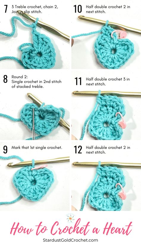 How to Crochet a Heart for Beginners | Step by Step with Video Tutorial - Stardust Gold Crochet Crochet Heart Step By Step, Crochet Heart Without Magic Circle, How To Crochet A Heart For Beginners Step By Step, How To Crochet A Heart Tutorials, How To Crochet A Big Heart, Crochet Heart Tutorial Video, Small Crochet Heart Pattern Free, How To Crochet A Heart For Beginners, How To Crochet A Heart