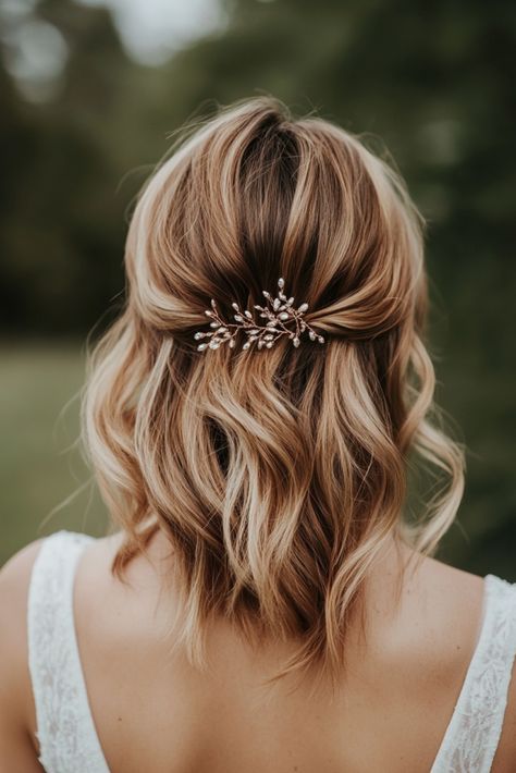 60  Half-Up Bridal Hairstyles to Elevate Your Wedding Look | Matched Hearts Simple Wedding Hair For Medium Length, Lob Wedding Hairstyles Half Up, Mid Length Hair Half Up Wedding, Wedding Short Hair With Veil, Wedding Medium Hairstyles Half Up, Medium Length Half Updo Wedding, Simple Wedding Day Hair, Partial Updo For Wedding, Short Half Up Bridal Hair