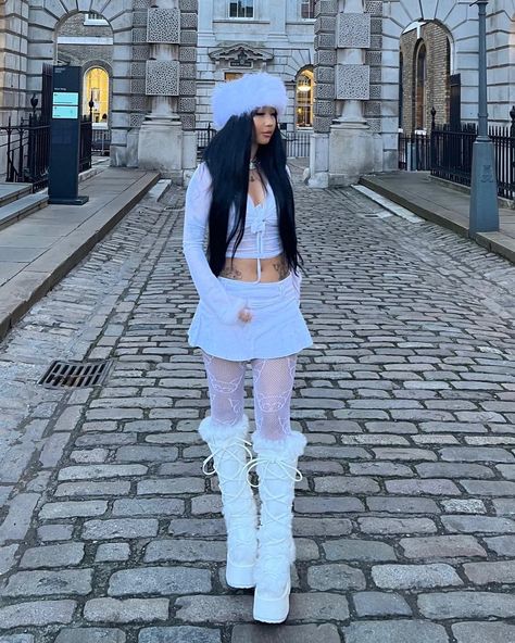 White Fuzzy Boots, White Rave Outfits, Ice Princess Costume, White Boots Outfit, Rave Looks, Bratz Doll Outfits, Rave Outfit, Doll Outfits, Cute Lazy Day Outfits