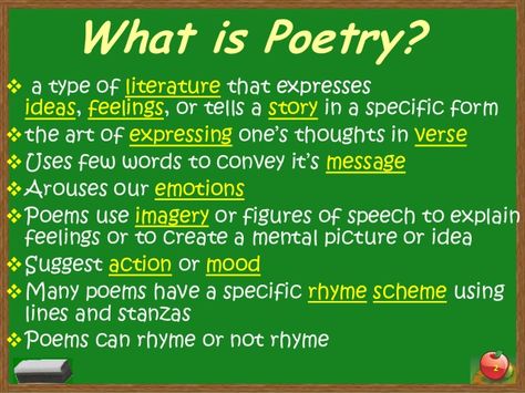 What is Poetry?   a type of literature that expresses  ideas, feelings, or tells a story in a specific form  the art of exp... Poetry English Literature, April Poetry Month, April Poetry, Elements Of Poetry, What Is Poetry, Rhyme Scheme, Teaching Posters, Poetry Month, Kids English